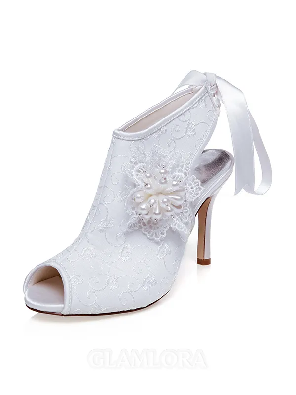Women's Satin Peep Toe Flower Stiletto Heel Wedding Shoes