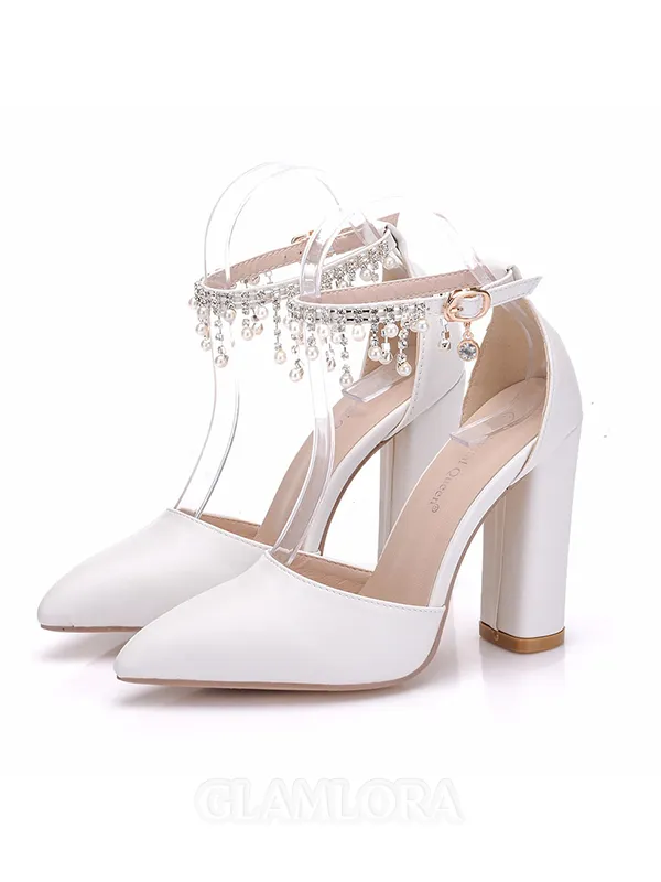 Women's PU Closed Toe With Pearl Chunky Heel High Heels