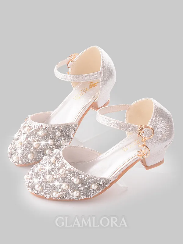 Girl's Leatherette With Pearl Closed Toe Low Heel Flower Girl Shoes