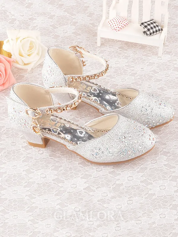 Girl's Leatherette With Rhinestone Closed Toe Low Heel Flower Girl Shoes