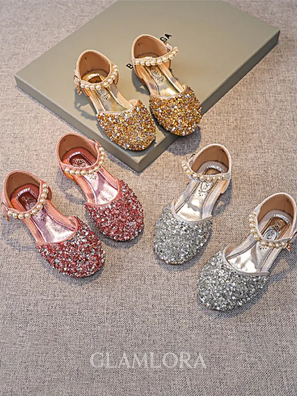 Girl's Leather With Rhinestone Closed Toe Low Heel Flower Girl Shoes