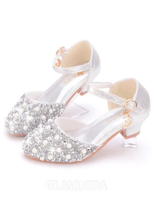 Girl's Artificial Leather With Pearl Closed Toe Low Heel Flower Girl Shoes