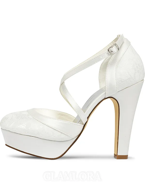 Women's Satin Closed Toe With Lace Chunky Heel Wedding Shoes