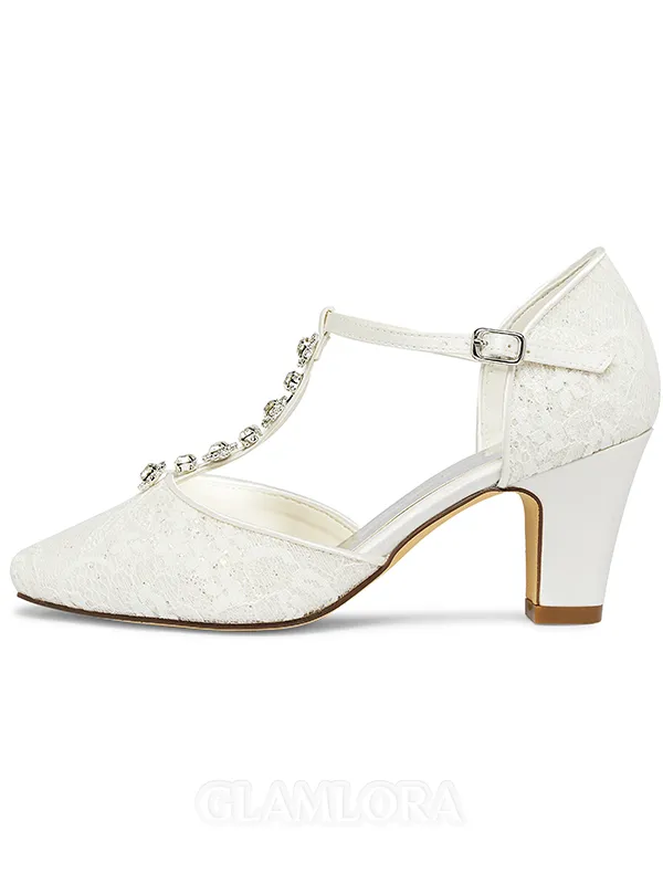 Women's Lace Closed Toe With Rhinestone Chunky Heel Wedding Shoes