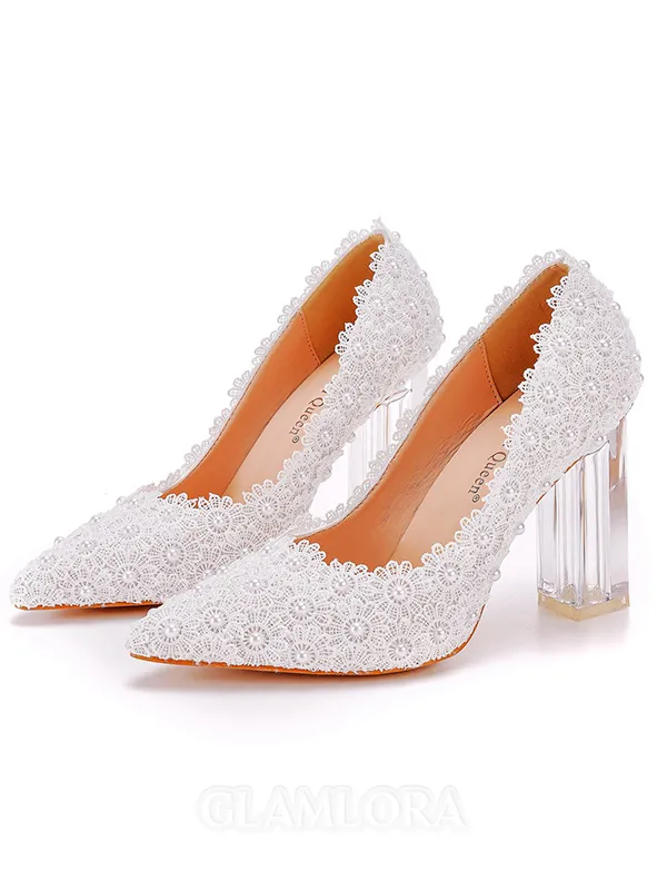 Women's Leatherette With Lace Closed Toe Chunky Heel Wedding Shoes