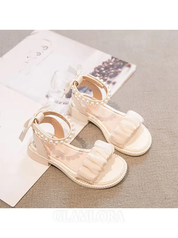 Girl's Microfiber Leather With Imitation Pearl Peep Toe Flat Heel Flower Girl Shoes