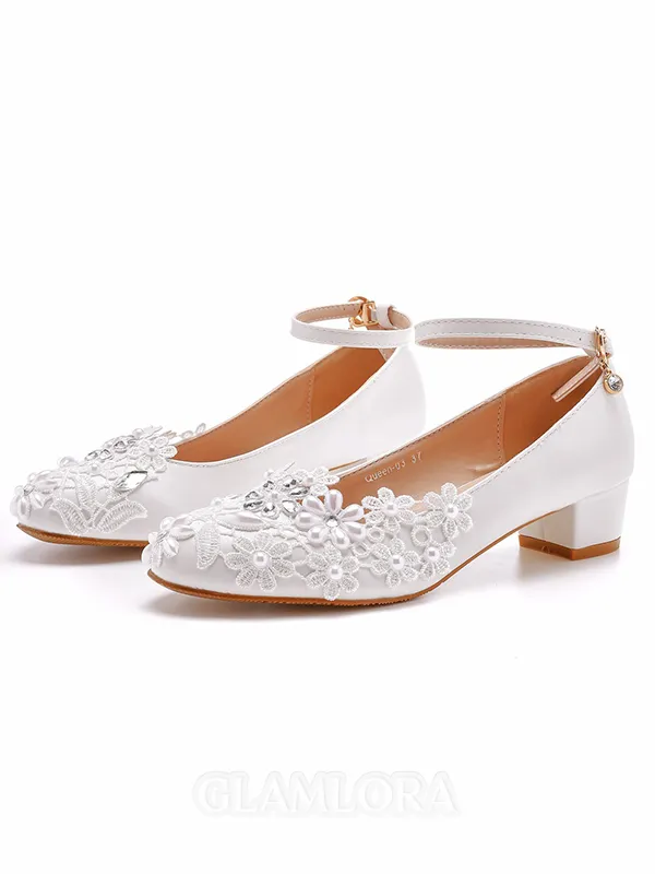 Women's Leatherette With Lace Closed Toe Chunky Heel Wedding Shoes