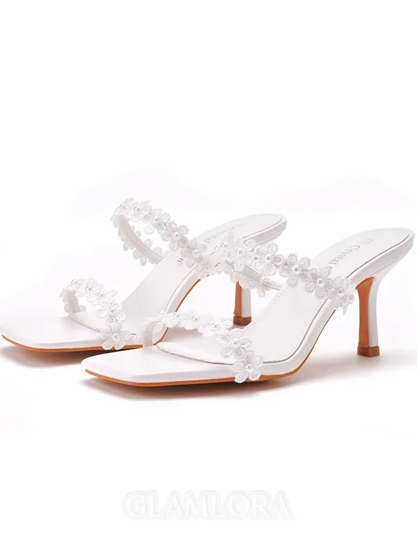 Women's Leatherette With Flower Peep Toe Stiletto Heel Sandals