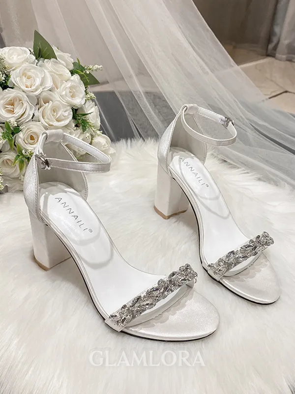 Women's Satin With Rhinestone Peep Toe Chunky Heel Wedding Shoes