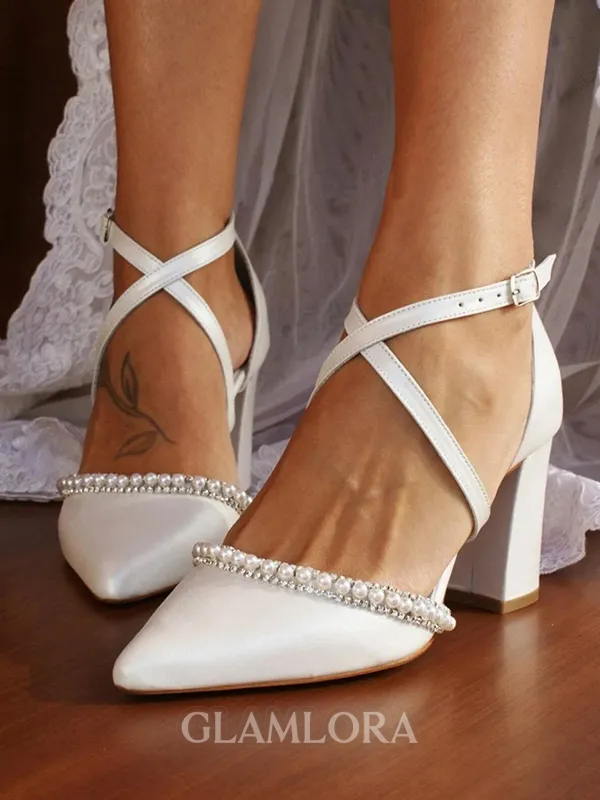 Women's PU With Pearl Closed Toe Chunky Heel Wedding Shoes