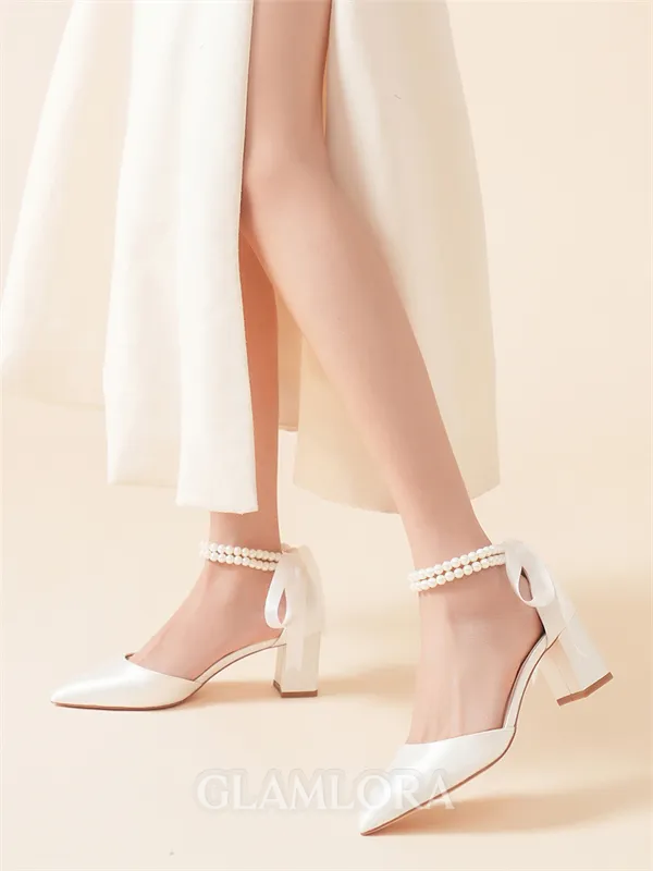 Women's Satin Closed Toe With Pearl Chunky Heel Wedding Shoes