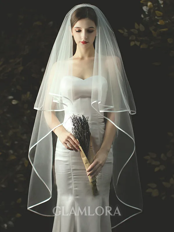 Classic Tulle Two Tier Waltz Wedding Veils With Ribbon Edge