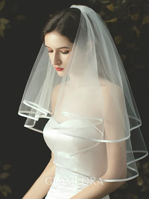 Simple Tulle Elbow Wedding Veils With Ribbon Edge