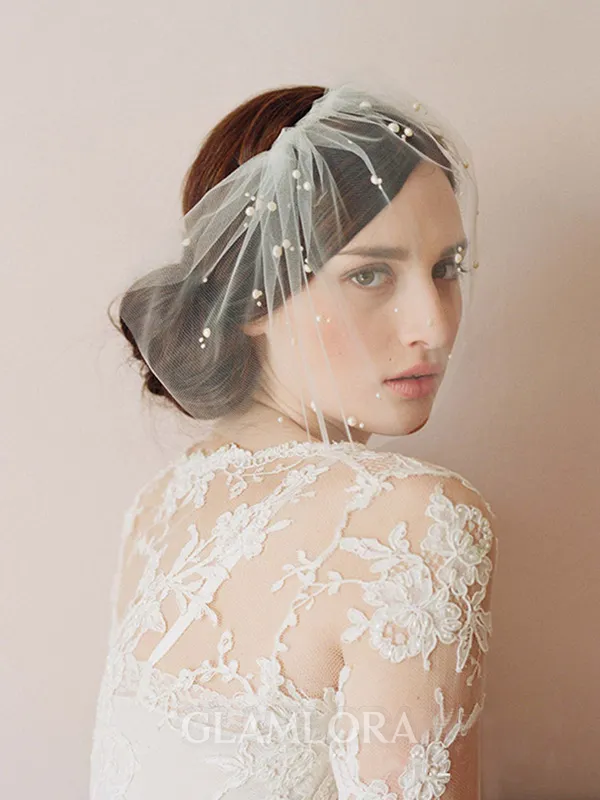 One-tier Cut Edge Birdcage Veils With Imitation Pearls