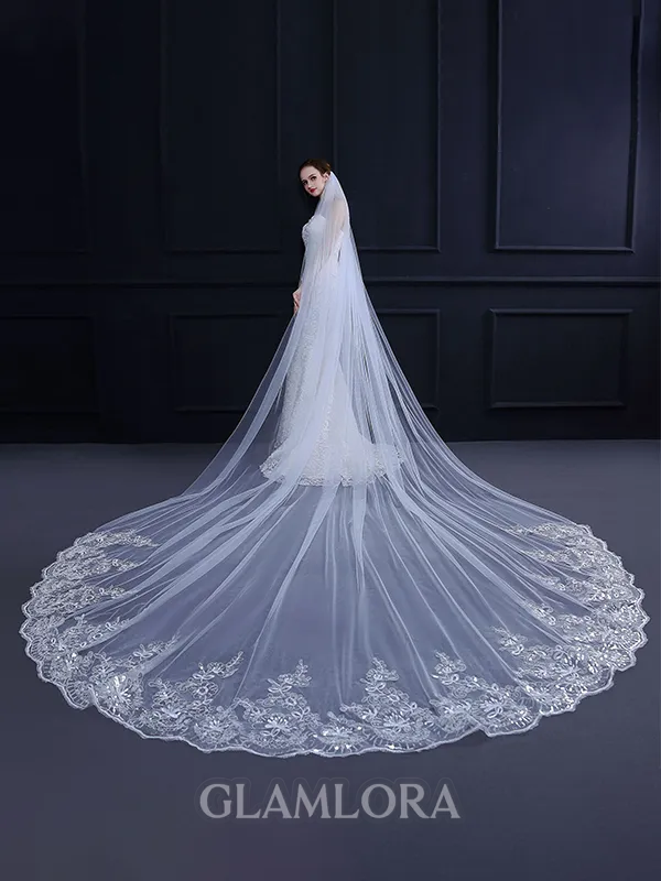 Trending Tulle With Lace Long Wedding Veils