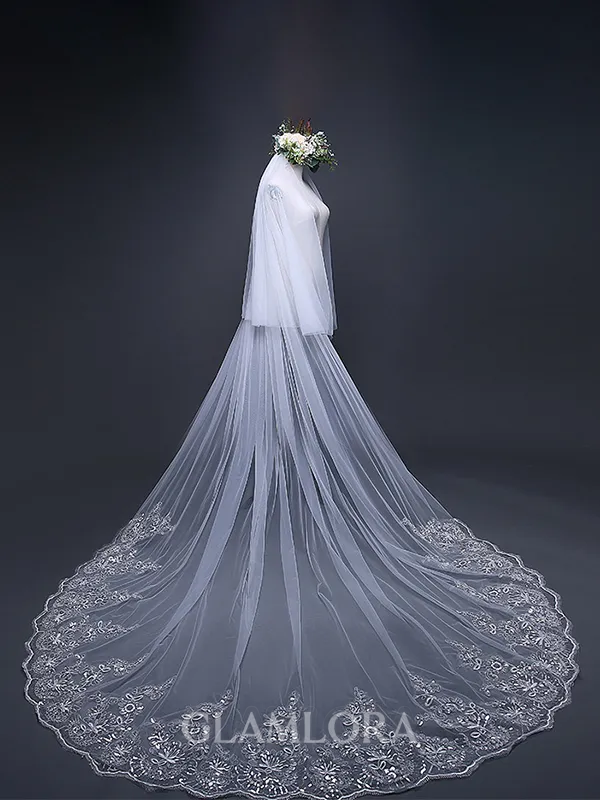 Fashion Tulle With Lace Long Wedding Veils