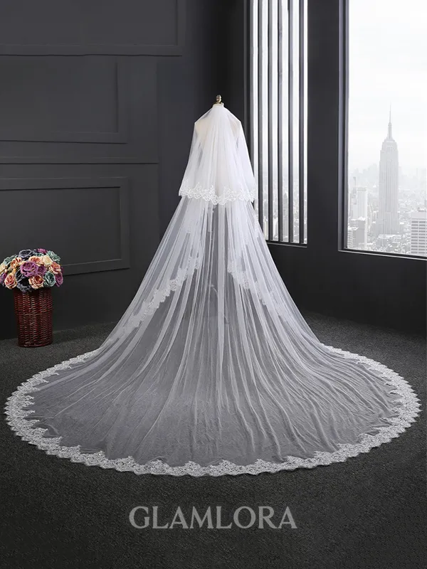 Fashion 2 Layer Tulle With Lace Long Wedding Veils