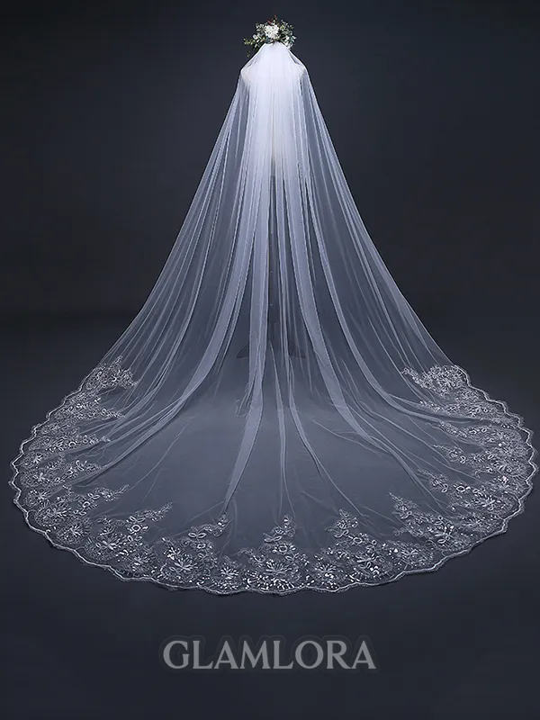 Elegant Tulle With Lace Long Wedding Veils
