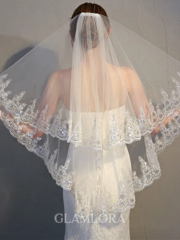 Charming 2 Layer Tulle With Lace Wedding Veils