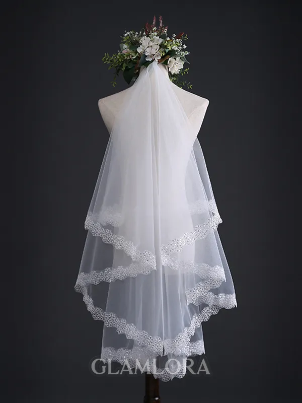 Beautiful Tulle With Lace Long Wedding Veils