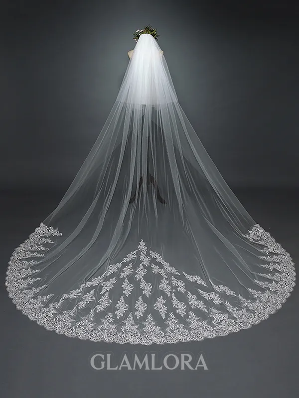 Charming Tulle With Lace Long Wedding Veils