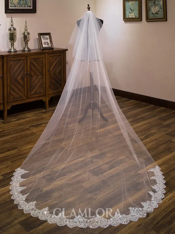 Delicate Tulle Two-Tier Cathedral Bridal Veils With Applique