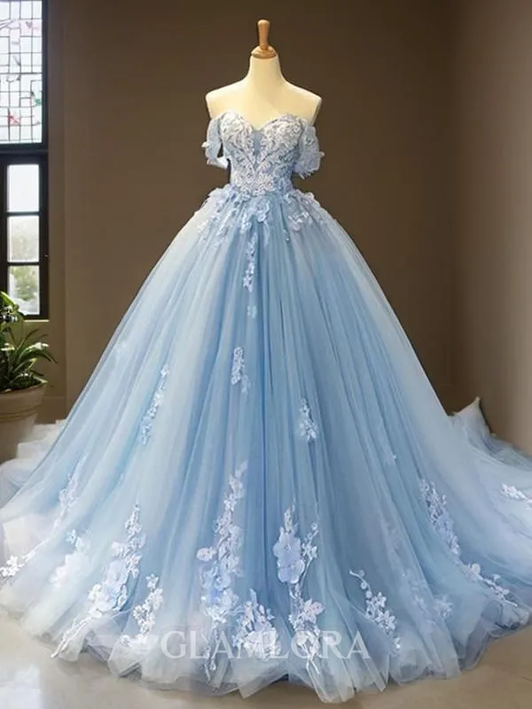 Cute Ball-Gown Princess Off-the-Shoulder Sleeveless Chapel Train Tulle Prom Dress With Applique