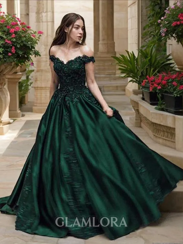 Ball-Gown Gorgeous Off-the-Shoulder Sleeveless Floor-Length Satin Prom Dress With Lace