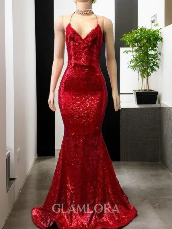 Trumpet/Mermaid Spaghetti Straps Sleeveless Sweep Train Glitter Sequins Prom Dress