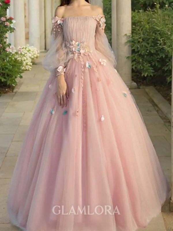 Ball-Gown Princess Off-the-Shoulder Long Sleeves Floor-Length Tulle Elegant Prom Dress With Hand-Made Flower