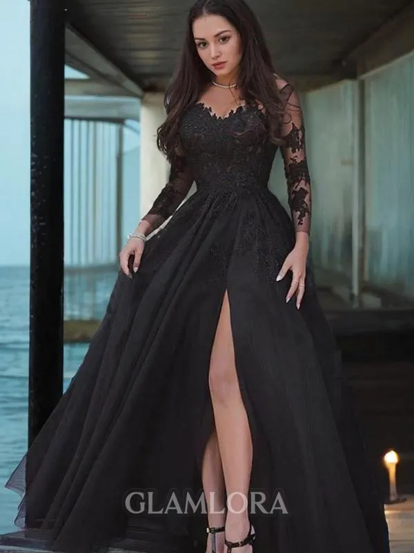 Ball-Gown Princess Pretty V-Neck Long Sleeves Floor-Length Tulle Prom Dress With Slit