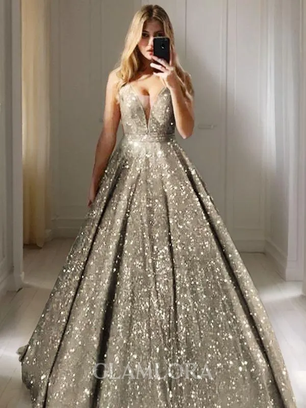 Shimmery A-line V-Neck Sleeveless Floor-Length Sequins Prom Dress With Ruffles
