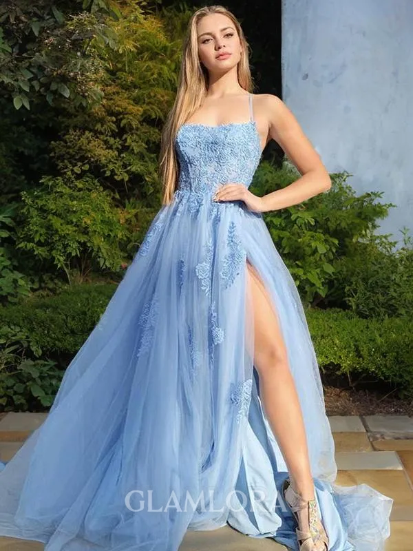 A-line Princess Halter Sleeveless Perfect Sweep Train Tulle Corset Prom Dress With Slit