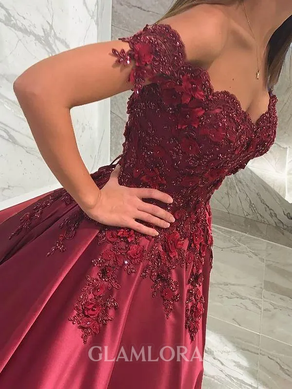 Ball-Gown Off-the-Shoulder Sleeveless Floor-Length Dreamy Satin Prom Dress With Applique