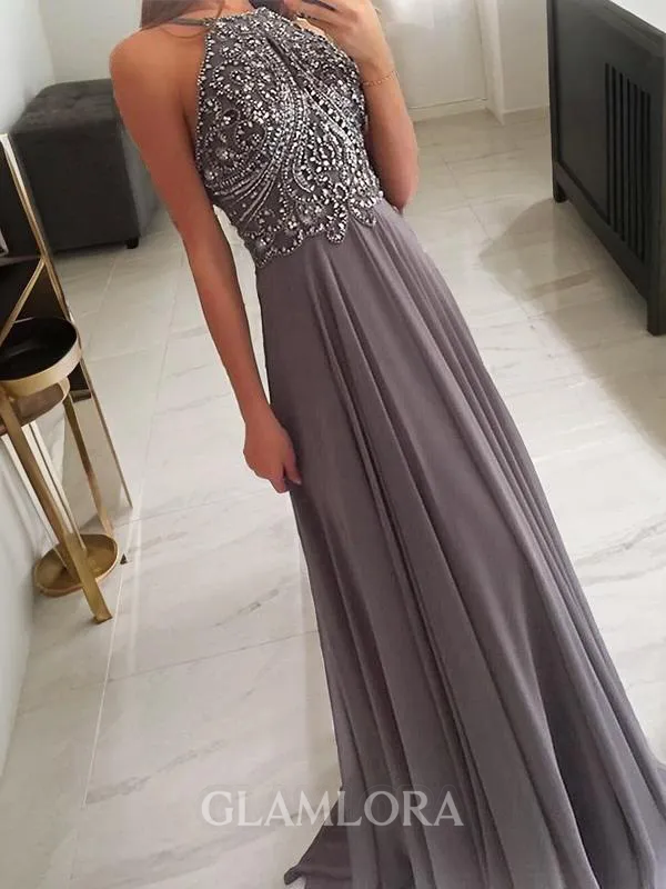 A-line Halter Sleeveless Fashion Floor-Length Chiffon Prom Dress With Beading