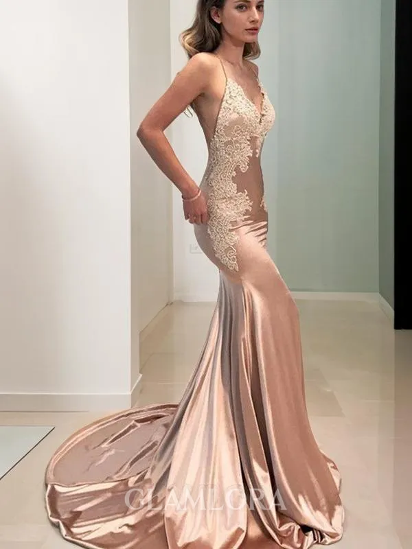 Trumpet/Mermaid Straps Sleeveless Court Train Open Back Silk like Satin Alluring Prom Dress With Applique