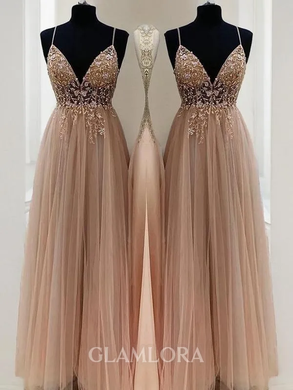 A-line Princess Unique Spaghetti Straps Sleeveless Floor-Length Tulle Prom Dress With Beading