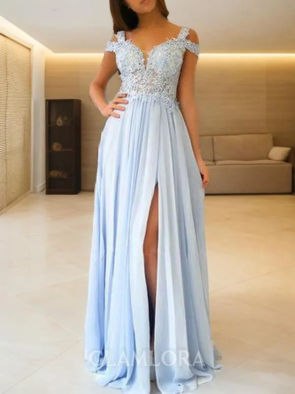 A-line Off-the-Shoulder Sleeveless Floor-Length Charming Chiffon Corset Prom Dress With Slit