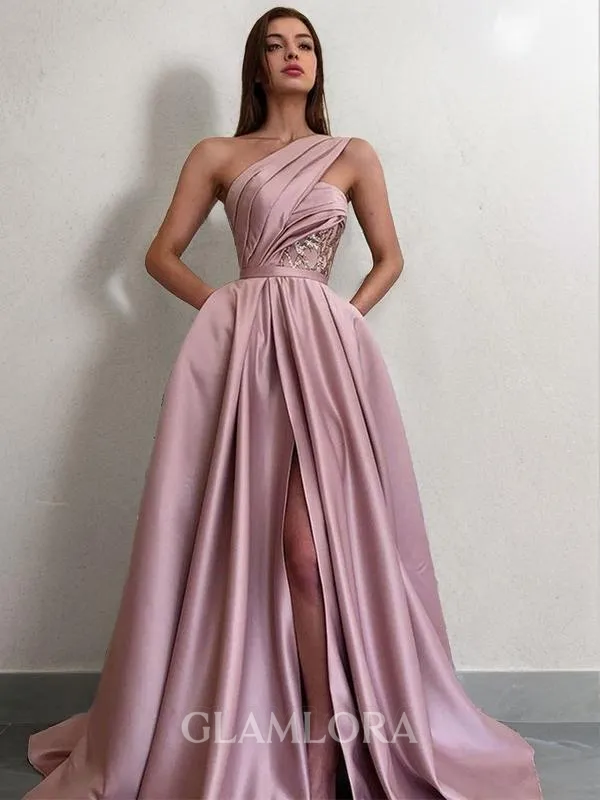 A-line One-Shoulder Sleeveless Sweep Train Satin Delicate Prom Dress With Slit