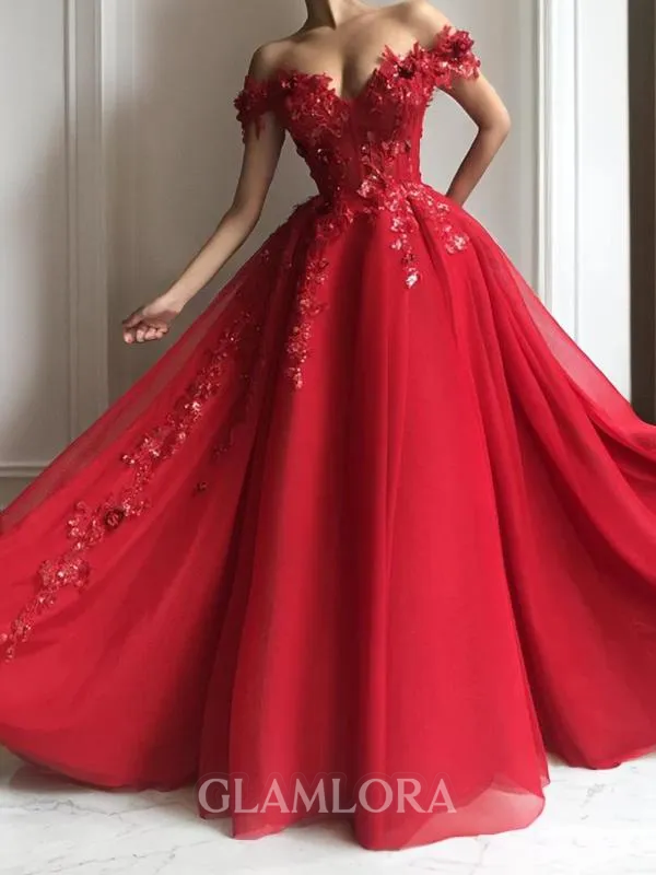 Exquisite A-line Princess Off-the-Shoulder Sleeveless Floor-Length Tulle Prom Dress With Applique