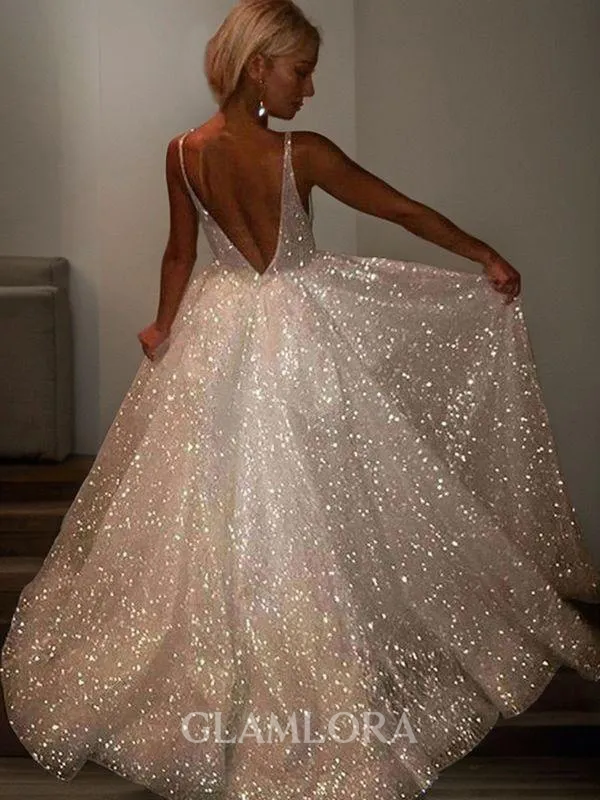 A-line Dazzling V-Neck Sleeveless Sweep Train Open Back Prom Dress With Sequins