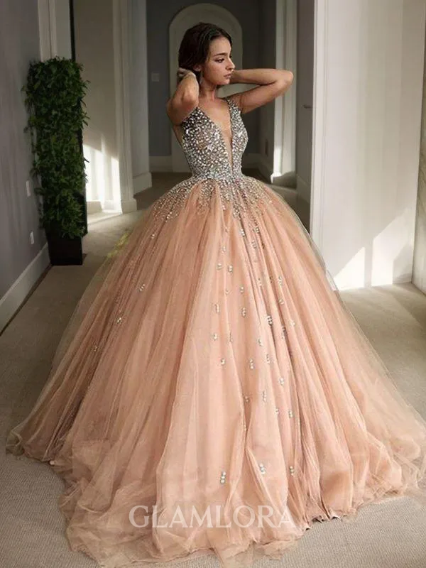 Ball-Gown Princess V-Neck Sleeveless Floor-Length Tulle Flowy Prom Dress With Sequins