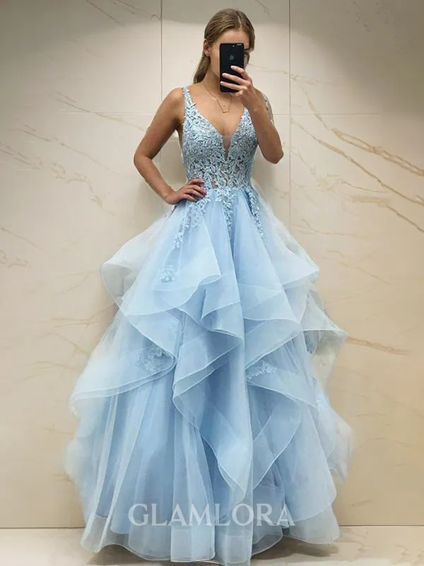A-line Princess Classic V-Neck Sleeveless Floor-Length Tulle Corset Prom Dress With Sequins