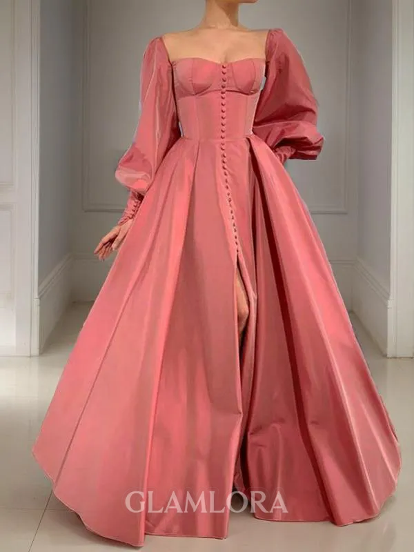 A-line Square Long Sleeves Timeless Floor-Length Satin Corset Prom Dress With Sequins