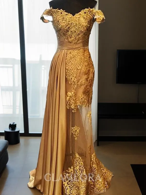 Sheath/Column Slinky Off-the-Shoulder Sleeveless Sweep Train Silk like Satin Prom Dress