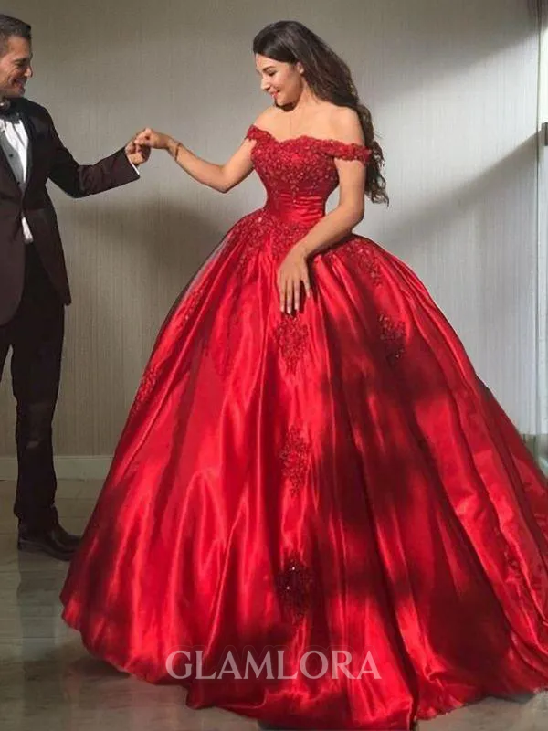 Ball-Gown Off-the-Shoulder Opulent Sleeveless Sweep Train Satin Prom Dress With Lace