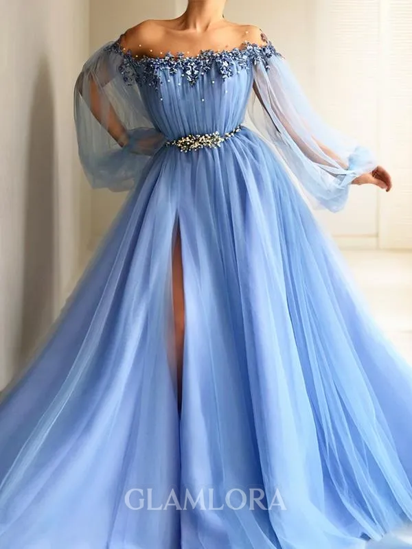 A-line Princess Off-the-Shoulder Long Sleeves Feminine Floor-Length Tulle Prom Dress With Beading