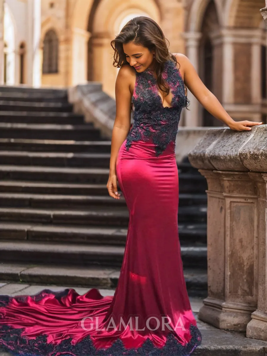 Teasing Sheath/Column Jewel Sleeveless Chapel Train Silk like Satin Prom Dress With Applique