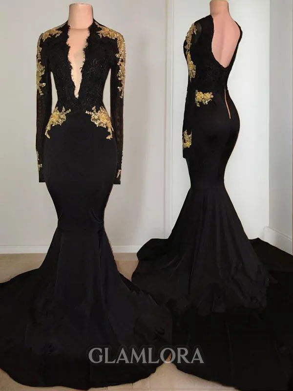 Trumpet/Mermaid V-Neck Long Sleeves Chapel Train Glamorous Jersey Prom Dress With Applique