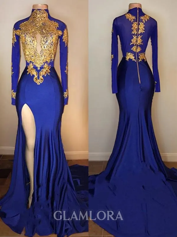 Show-stopping Trumpet/Mermaid High Neck Long Sleeves Sweep Train Jersey Prom Dress With Slit